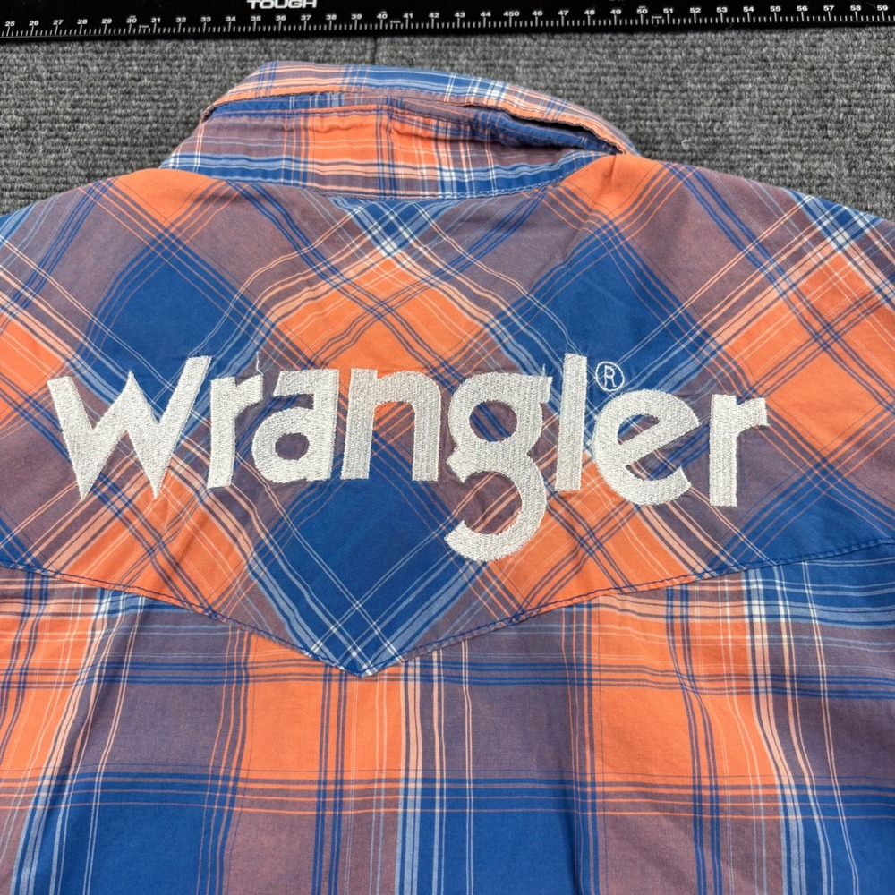 Wrangler Mens XL Western Snap Shirt Blue Orange Plaid Logo Embroidered